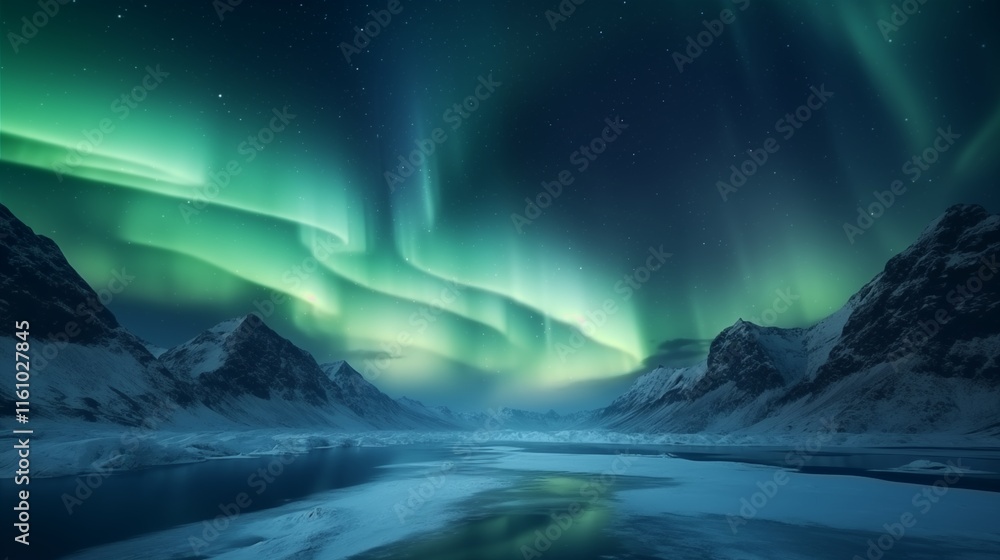 Fototapeta premium Long exposure of the Northern Lights in the sky, golden hour lighting, empty space on the left for text,generative ai illustration
