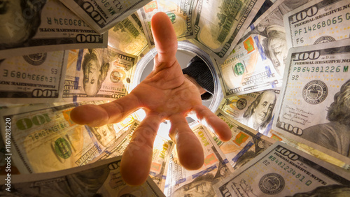 Close-Up View Inside a Jar Packed With Hundred-Dollar Bills as a Hand Reaches Forward Dramatically, Capturing the Intent and Interaction With Wealth. Act of Retrieval.