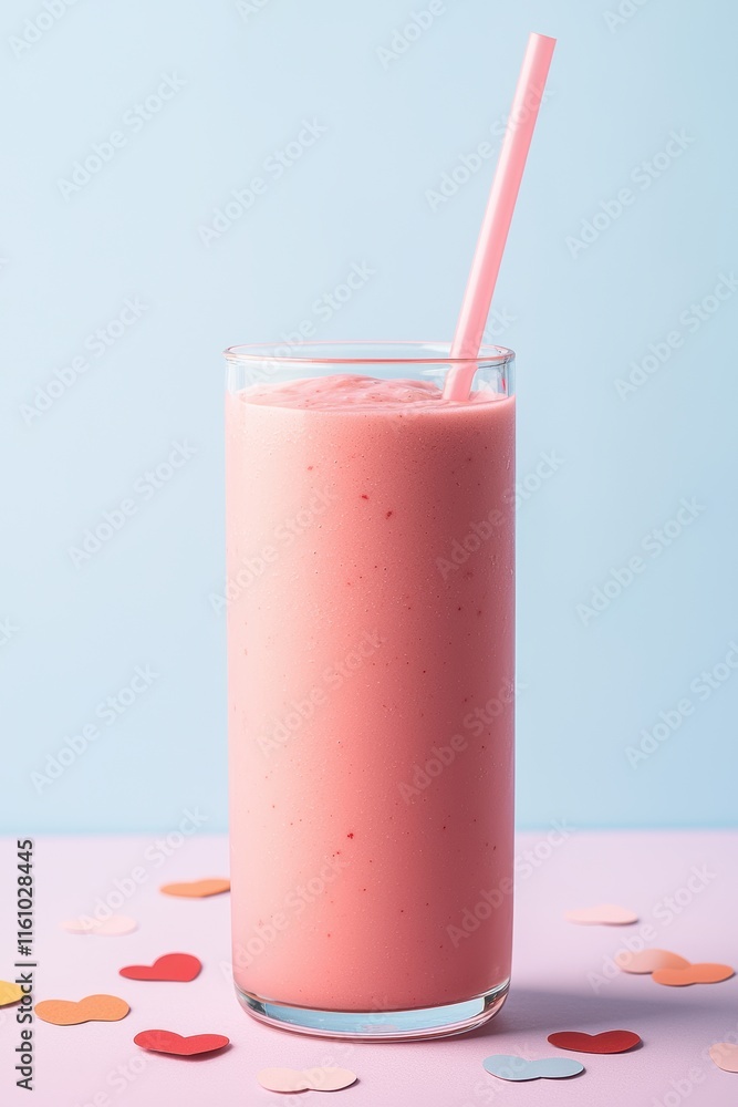 Valentine's day pink smoothie in a tall glass with straw Valentine's day pink smoothie in a tall glass with straw