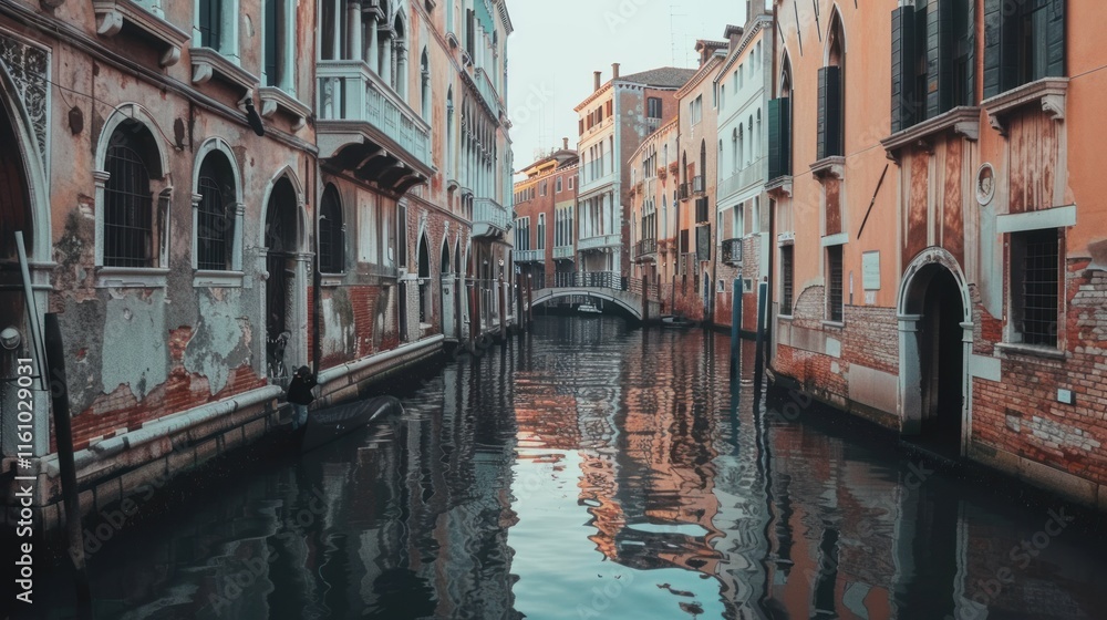 Canal view of old, weathered buildings in Venice reflecting on water. Canal view of old, weathered buildings in Venice reflecting on water.