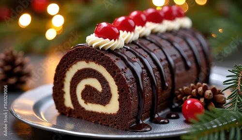 Chocolate yule log cake, Swiss roll, festive pastry, red berries decoration, pine cones, bokeh lights, holiday table setting, warm glow, rich brown ganache, white cream filling photo