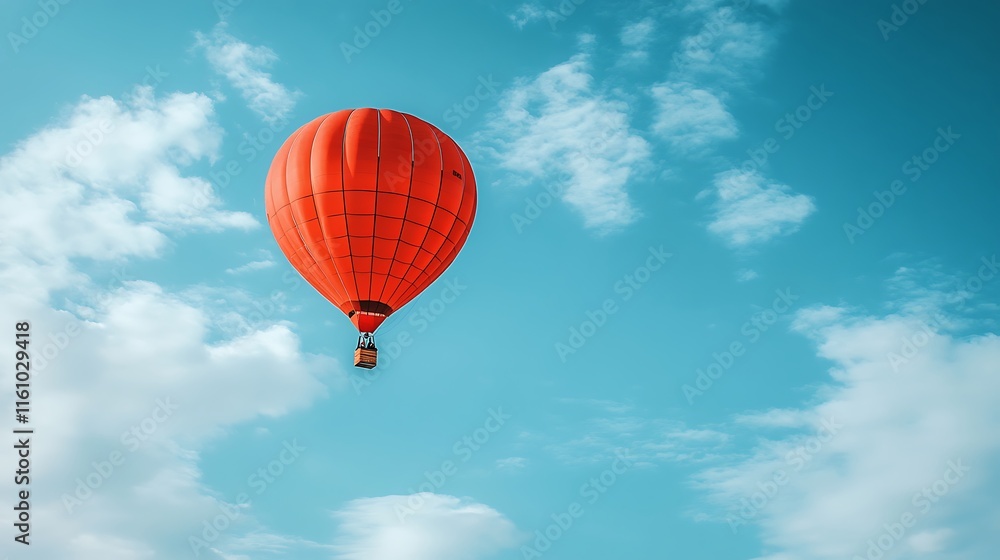 Naklejka premium A vibrant red hot air balloon floats in a blue sky