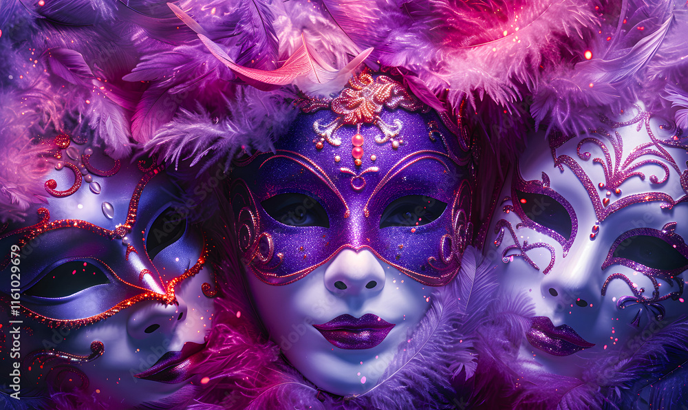 Fototapeta premium Three Venetian style masks adorned with intricate designs, glitter and feathers in shades of purple, pink and red evoking elegance and celebration.