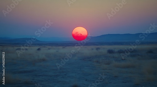 Crimson Sunset Over Desolate Plains Landscape