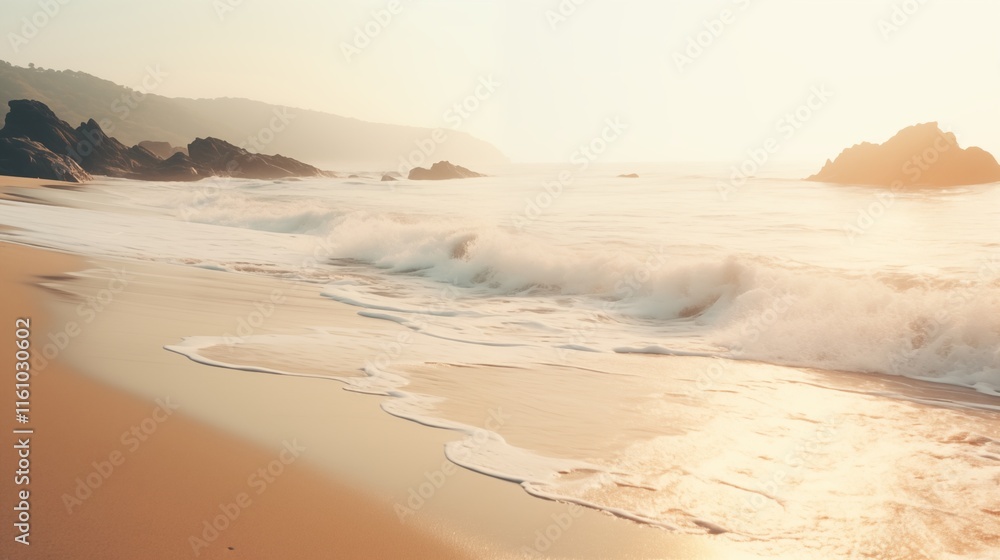 Long exposure of waves at a beach with slow-motion, golden hour lighting, empty space on the left for text,generative ai illustration