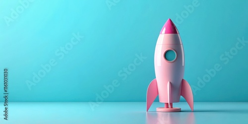 Fototapeta Naklejka Na Ścianę i Meble -  A pink rocket ship standing tall on a light blue surface, symbolizing aspirations for growth and innovation