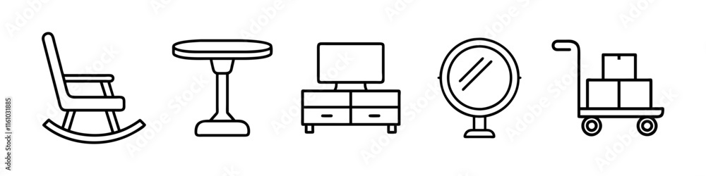 Line Icons of Furniture and Functional Decor - Minimalistic line icons featuring a rocking chair, table, TV stand, mirror, and trolley, ideal for home and interior design projects. Line Icons of Furniture and Functional Decor - Minimalistic line icons featuring a rocking chair, table, TV stand, mirror, and trolley, ideal for home and interior design projects.