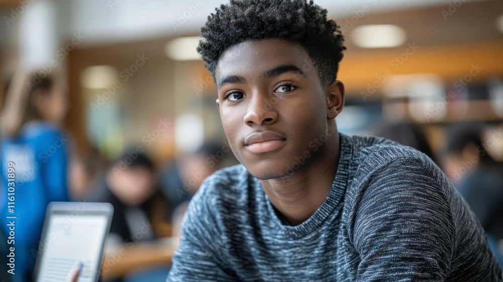 A thoughtful young man poses confidently in a study environment, surrounded by fellow students and modern educational tools. A thoughtful young man poses confidently in a study environment, surrounded by fellow students and modern educational tools.
