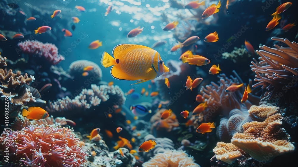 Naklejka premium A colorful school of tropical fish swimming through a coral reef, vibrant underwater scenery.