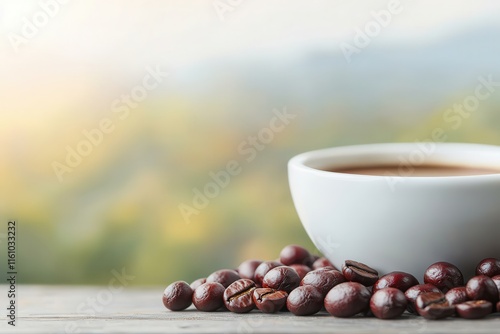 Coffee culture celebrates artisan brewing. Coffee cup with beans on a wooden surface and blurred background. photo