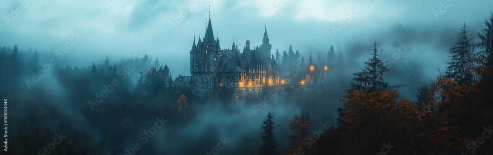 Obraz premium Enchanting Gothic Castle in Foggy Landscape with Mystical Ambiance