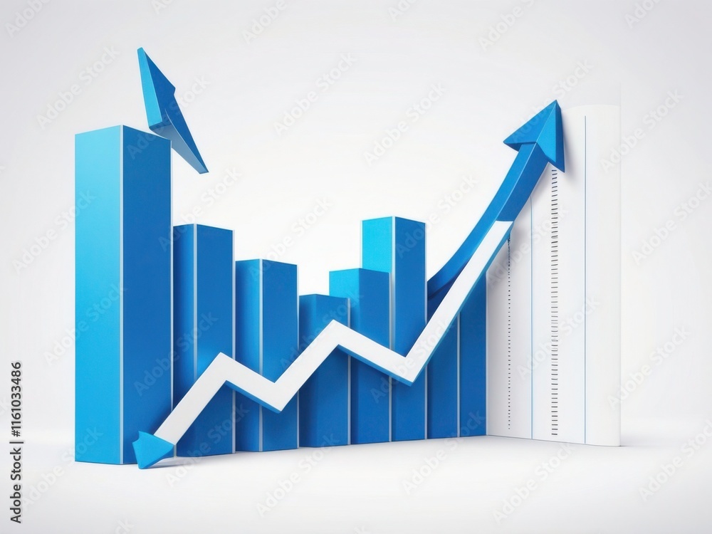 Blue upward arrow symbol rising over bar graph on white background, representing business growth, success, and progress. Generative AI Blue upward arrow symbol rising over bar graph on white background, representing business growth, success, and progress. Generative AI