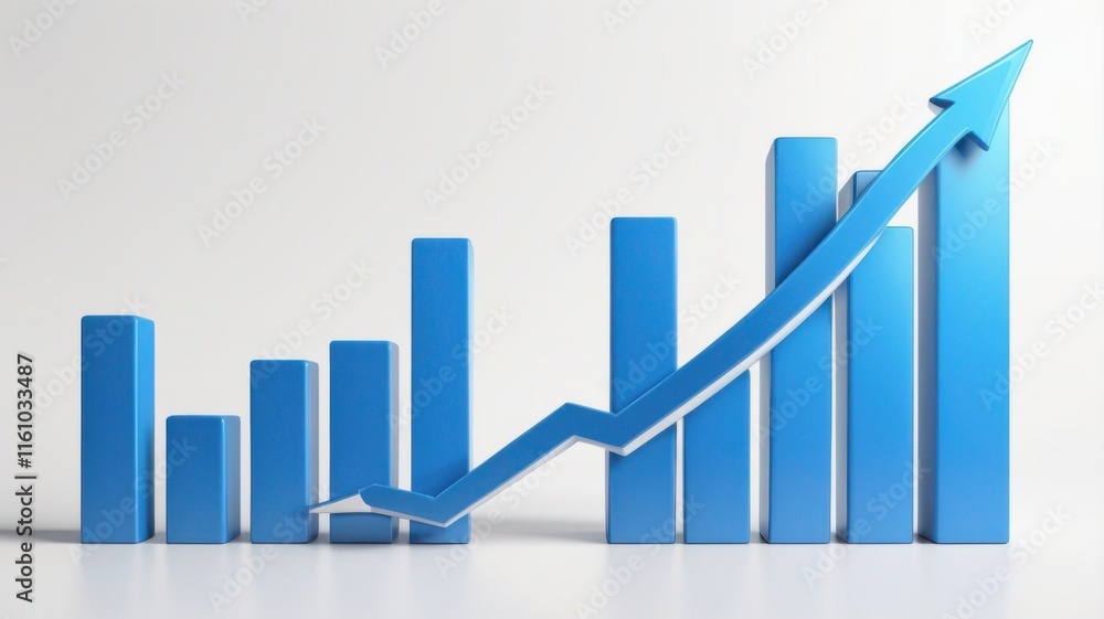 Blue upward arrow symbol rising over bar graph on white background, representing business growth, success, and progress. Generative AI Blue upward arrow symbol rising over bar graph on white background, representing business growth, success, and progress. Generative AI