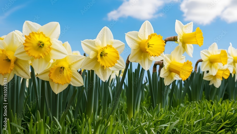 Yellow Daffodils Blooming in Green Grass Under Blue Sky Yellow Daffodils Blooming in Green Grass Under Blue Sky