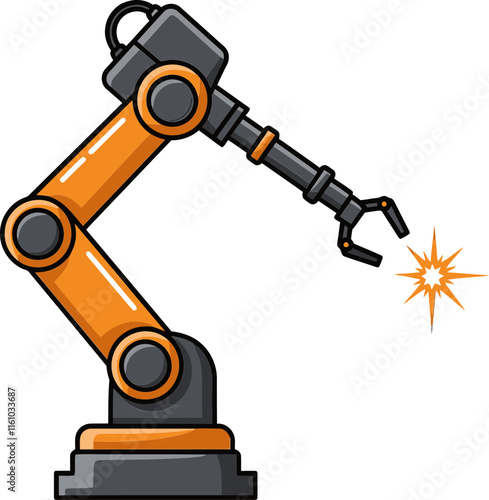 A cartoon robot arm with a spark in the middle