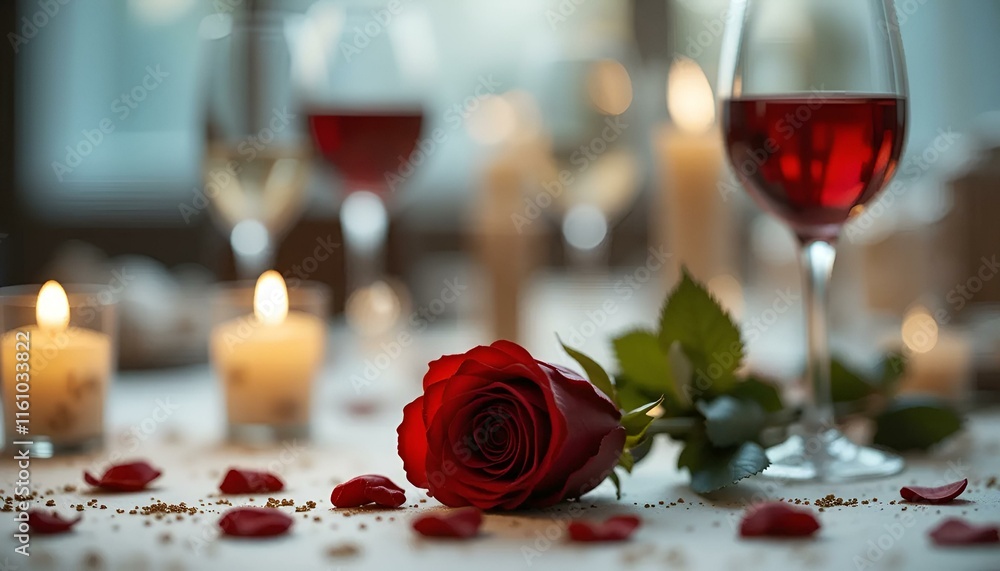 Romantic dinner setting with red wine, candles, and a rose for a special evening Romantic dinner setting with red wine, candles, and a rose for a special evening