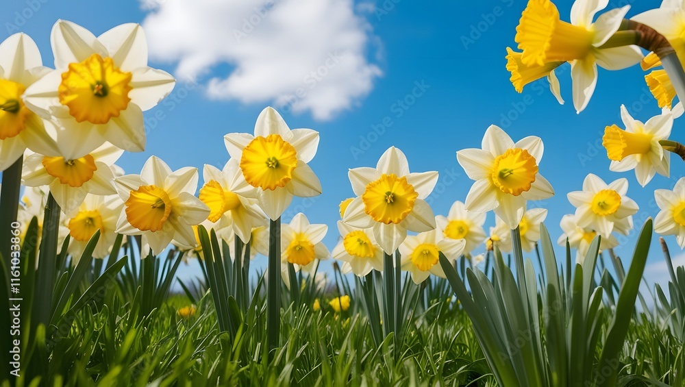 Springtime Scene with Daffodils and Bright Blue Sky Springtime Scene with Daffodils and Bright Blue Sky