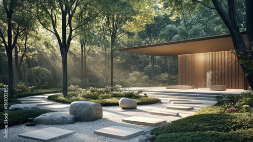 A serene Zen garden with minimalist pavilions and a blend of traditional and modern Japanese design
