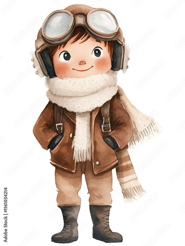 simple watercolor illustration of a cute Middle-aged man in pilot suit, brown hat with white fleece and classic aviator goggles, brown leather jacket, cream scarf, dark brown leather gloves, cream puf