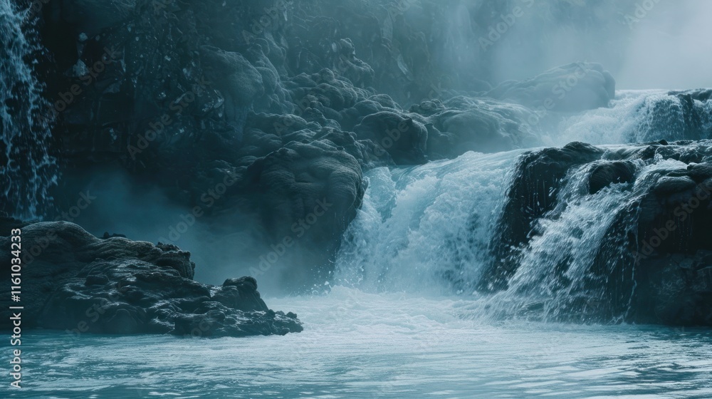 Cascading waterfall flows over dark rocks under hazy sky.