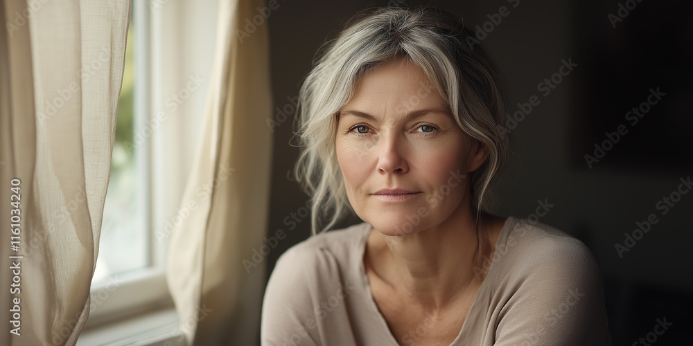 Close-up of a middle-aged woman in soft window light Close-up of a middle-aged woman in soft window light