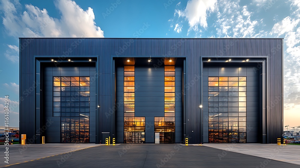 Modern Industrial Building with Illuminated Doors Modern Industrial Building with Illuminated Doors