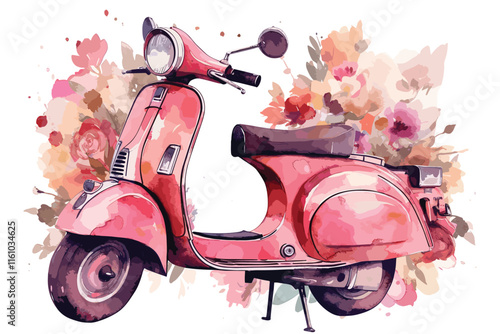 Watercolor spring illustration with scooter and spring flowers, isolated on white background