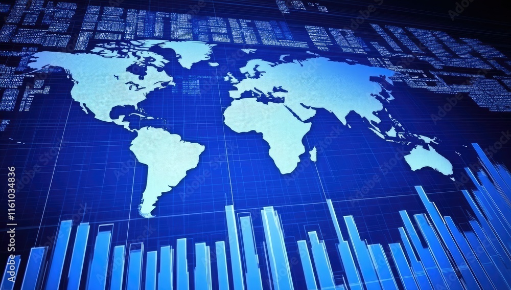 A digital world map with data visualization elements and graphs, representing global analytics. A digital world map with data visualization elements and graphs, representing global analytics.