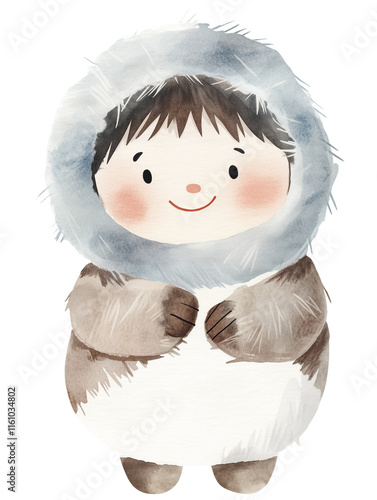 simple watercolor illustration of a cute little inuit boy full body, cold, simple, tribal, slim, shaman.