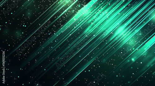 Abstract Green Wave Design with Sparkling Particles, A vibrant abstract image featuring flowing, luminous green waves against a deep black background.