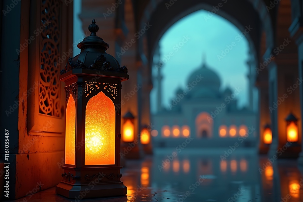 Elegant Lantern in Front of a Majestic Mosque Elegant Lantern in Front of a Majestic Mosque