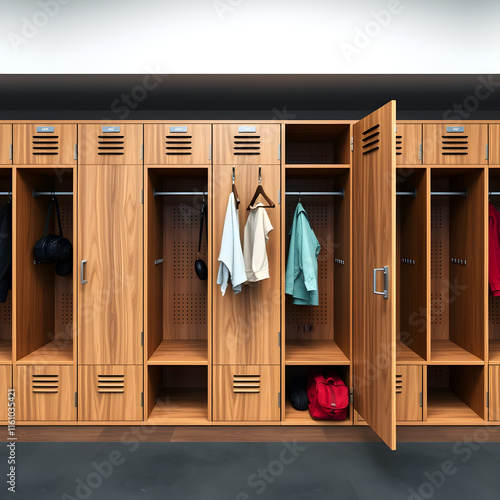 A row of wooden lockers with clothes hanging out of them