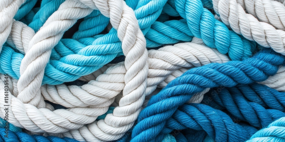 A collection of white and blue ropes is beautifully arranged in a pile, showcasing the vibrant colors and textures that make these ropes visually appealing. The pile of ropes highlights their A collection of white and blue ropes is beautifully arranged in a pile, showcasing the vibrant colors and textures that make these ropes visually appealing. The pile of ropes highlights their