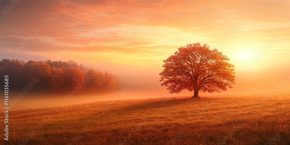 Foggy autumn landscape featuring meadows and a solitary tree. This serene landscape at sunrise showcases vibrant orange skies, emphasizing the beauty of nature s fall landscape. Foggy autumn landscape featuring meadows and a solitary tree. This serene landscape at sunrise showcases vibrant orange skies, emphasizing the beauty of nature s fall landscape.