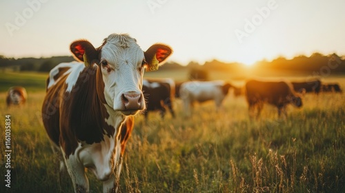 Sunset casts warm light on cows grazing in serene, open field, e