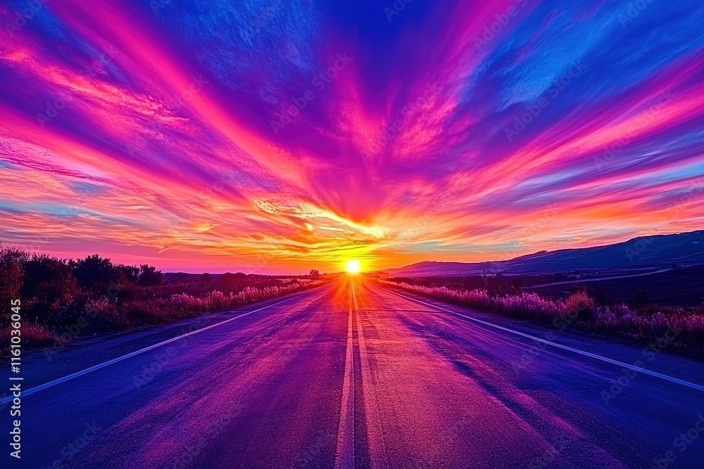 Vibrant sunset over a highway stretching towards the horizon. Colors are incredibly vivid, creating a dramatic scene. Vibrant sunset over a highway stretching towards the horizon. Colors are incredibly vivid, creating a dramatic scene.