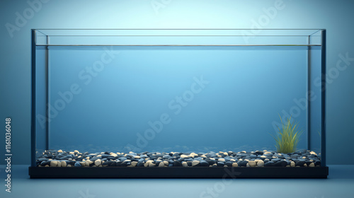 Glass rectangular aquarium tank with water, pebbles and plant on blue background