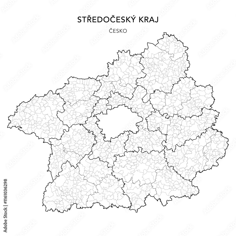 Fototapeta premium Political Map of the Central Bohemian Region (Středočeský kraj) with Districts (Okres), AD MEC (SO ORP), AD CLA (SO POU) and Municipalities (Obcí) 2024 - Czechia/Czech Republic (Česko) - Vector Map