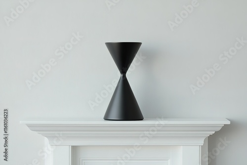 Sleek black hourglass vase on a white mantelpiece. Modern minimalist home decor. photo