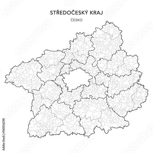 Political Map of the Central Bohemian Region (Středočeský kraj) with Districts (Okres), AD MEC (SO ORP), AD CLA (SO POU) and Municipalities (Obcí) 2024 - Czechia/Czech Republic (Česko) - Vector Map