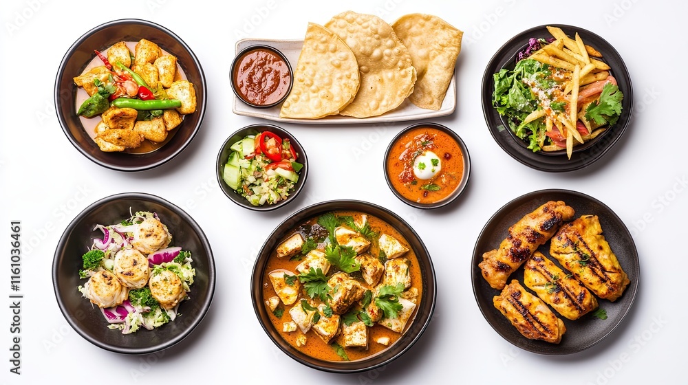 A bowl of crab soup, tofu salad, samosa, grilled chicken, chicken curry, fries with sauce. A bowl of crab soup, tofu salad, samosa, grilled chicken, chicken curry, fries with sauce.
