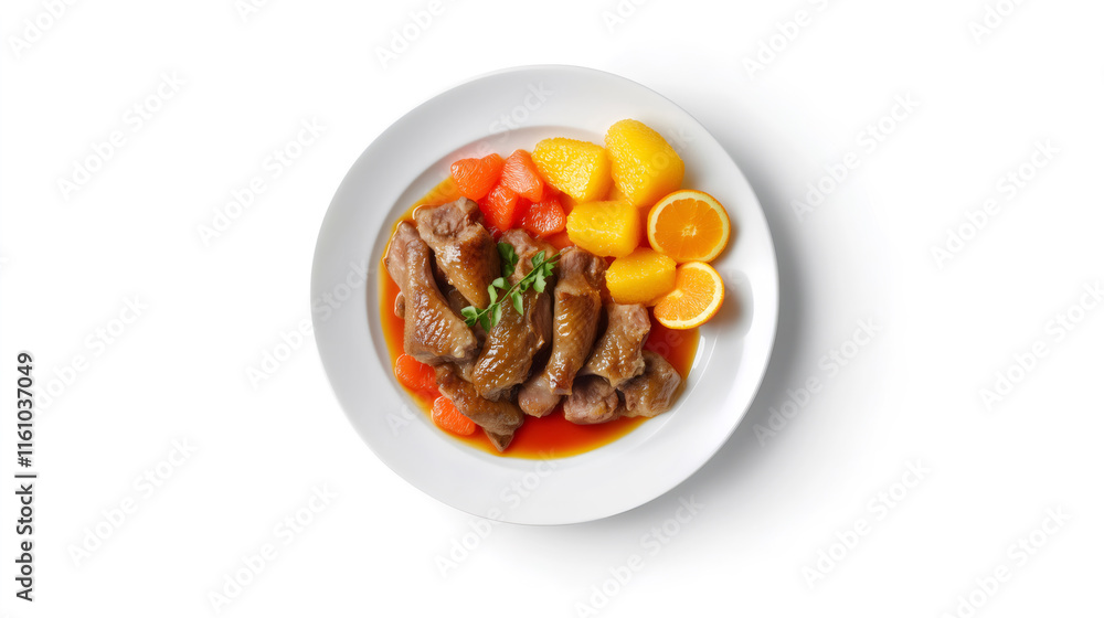 Roasted duck with orange sauce, carrots and potatoes garnishing a white plate Roasted duck with orange sauce, carrots and potatoes garnishing a white plate