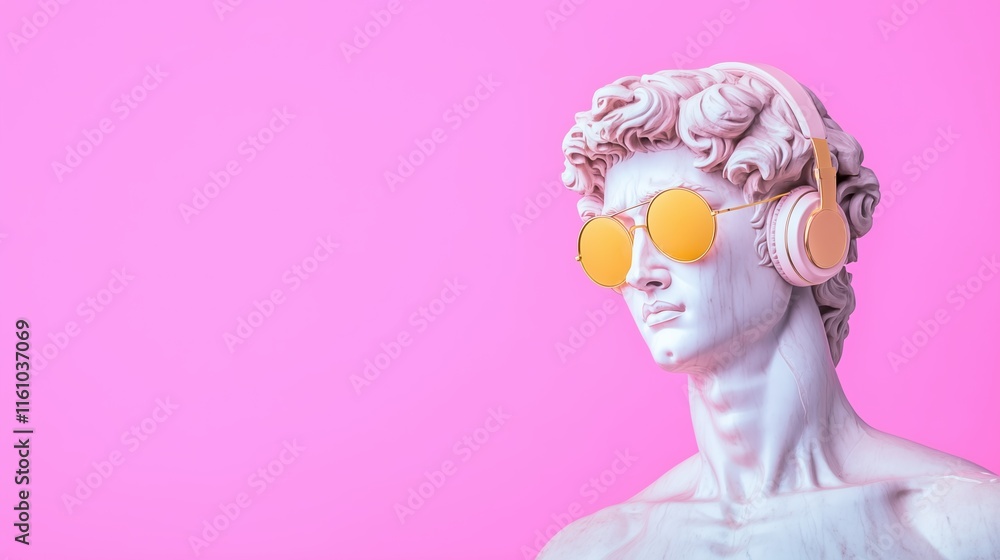 Marble Statue of David Wearing Gold Retro Glasses and Headphones on Pink Background in Modern Pop Art Style Marble Statue of David Wearing Gold Retro Glasses and Headphones on Pink Background in Modern Pop Art Style