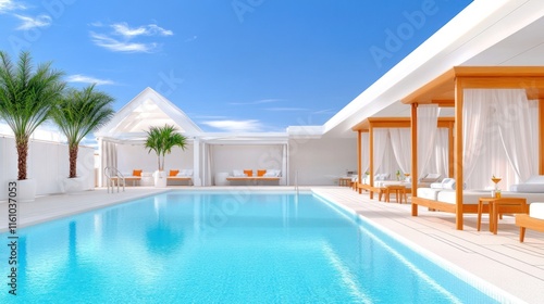 Modern poolside retreat with lounge areas and palm trees.