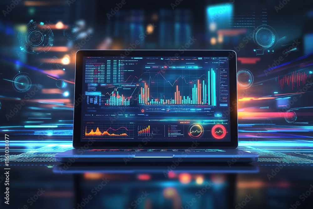 Laptop displaying dynamic financial data charts and graphs against a blurred city background. Modern technology and data analysis concept. Laptop displaying dynamic financial data charts and graphs against a blurred city background. Modern technology and data analysis concept.