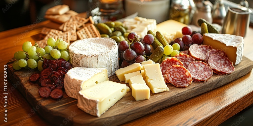Assorted hard cheese varieties displayed on a wooden board, accompanied by grapes, pickles, and other delightful food items, create an enticing cheese platter experience. Assorted hard cheese varieties displayed on a wooden board, accompanied by grapes, pickles, and other delightful food items, create an enticing cheese platter experience.