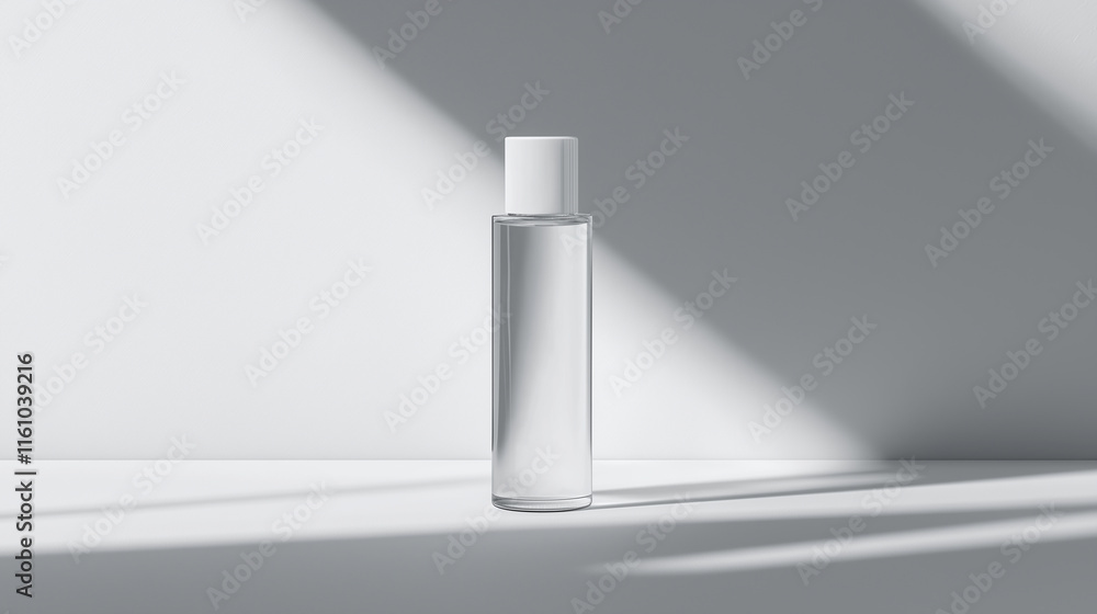 Transparent cosmetic bottle standing on white surface with dramatic lighting Transparent cosmetic bottle standing on white surface with dramatic lighting