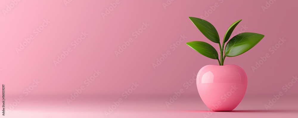 A pink vase with a thriving green plant against a soft pink background. A pink vase with a thriving green plant against a soft pink background.