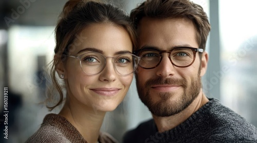 A smiling couple poses closely together, both wearing glasses, exuding warmth and connection in a modern, softly lit environment.