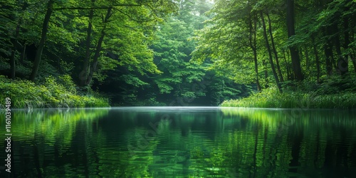 Serene green summer lake nestled within a lush forest, offering a tranquil escape. The vibrant green summer lake reflects the natural beauty of the surrounding forest environment.